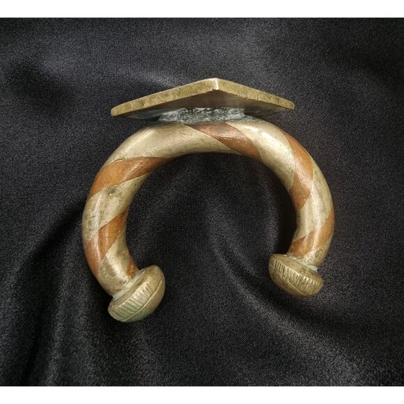 Antique African Heavy Metal Cuff Bracelet With Intricate Geometric Red & Brown - Picture 5 of 5